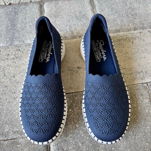 Skechers Whilshire Blvd Blue Memory Foam Comfort Shoes 7.5 Stretch Crochet Knit - Picture 4 of 11